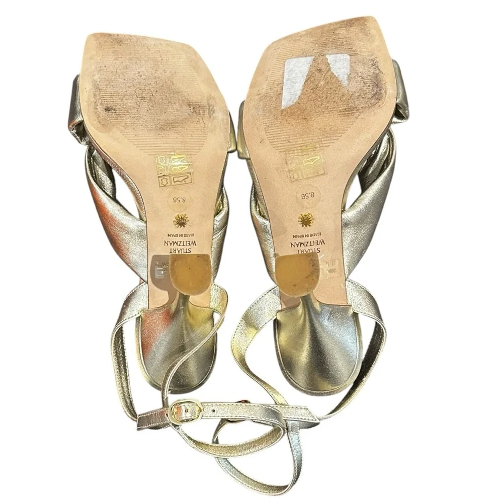 Stuart Weitzman Playa Metallic Leather Square Toe Knotted Ankle Strap Stiletto